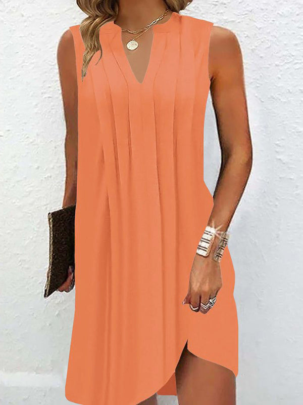 Loose Sleeveless Pleated Solid Color V-neck Mini Dresses