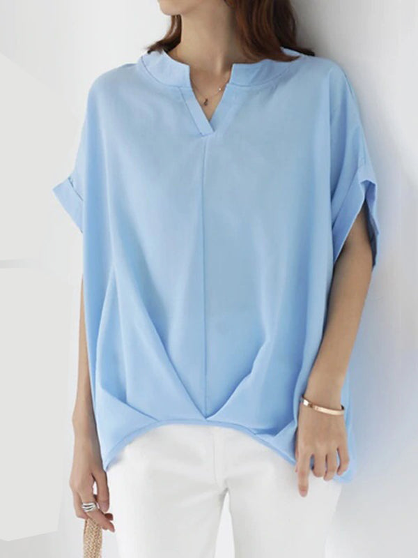 Batwing Sleeves Loose Pleated Solid Color Split-Joint Round-Neck Blouses&Shirts Tops