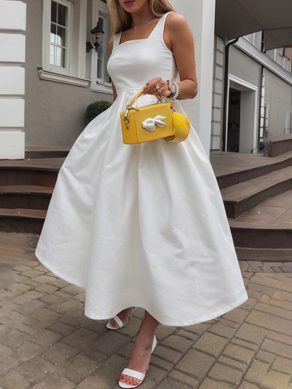 A-Line High Waisted Pleated Pockets Solid Color Spaghetti-Neck Midi Dresses