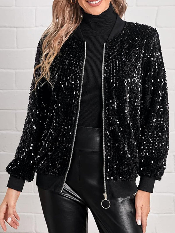 Long Sleeves Loose Sequined Solid Color Split-Joint Round-Neck Jackets Outerwear