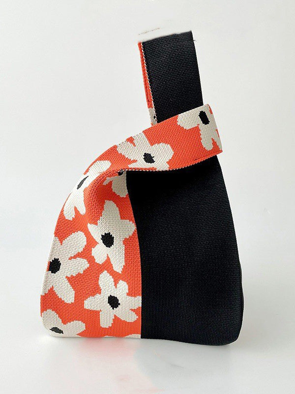 Contrast Color Geometric Knitted Flower Woven Handbag