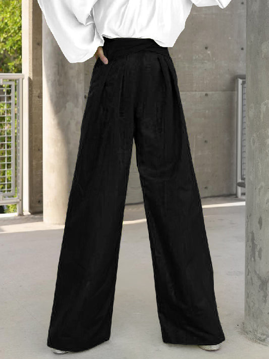 Contrast Color Round-Neck Puff Sleeves Blouse Top + Wide Leg Pants Two Pieces Set
