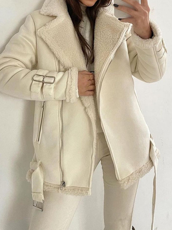 Long Sleeves Loose Buckle Keep Warm Pockets Split-Joint Velvet Zipper Notched Collar Outerwear