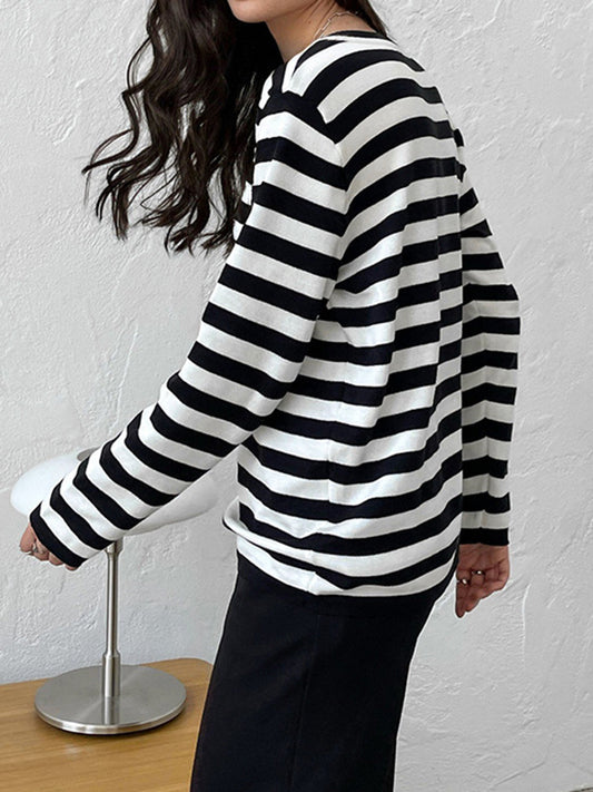Long Sleeves Loose Split-Joint Striped Round-Neck Sweater Tops