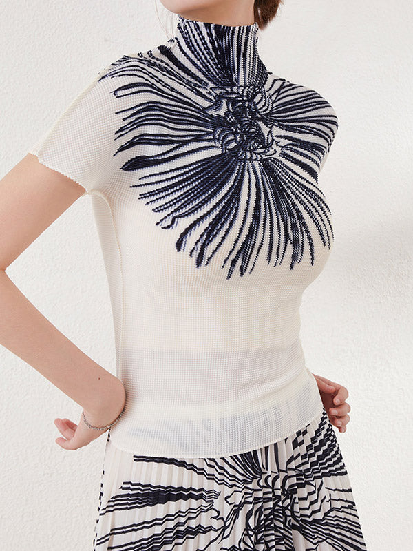 Short Sleeves Pleated Printed Mock Neck T-Shirts Tops