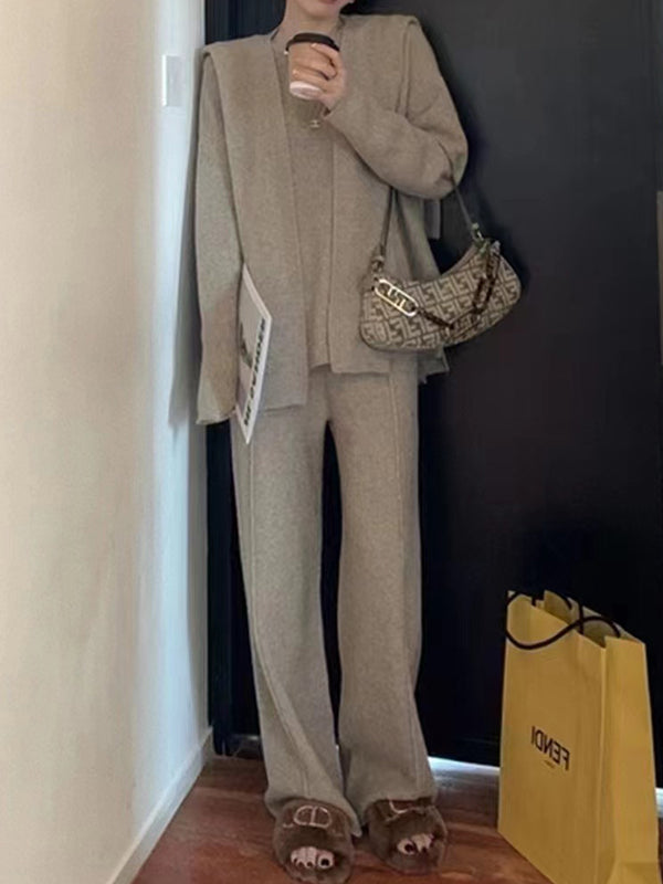 Long Sleeves Loose Solid Color Round-Neck Three Pieces Set