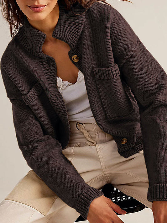 Long Sleeves Loose Buttoned Pockets Solid Color Split-Joint Stand Collar Cardigan Tops