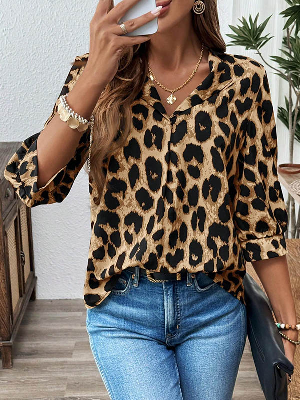 Loose Three-Quarter Sleeves Leopard Pleated Split-Joint Lapel Blouses&Shirts Tops