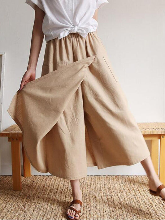 Loose Wide Leg Asymmetric Elasticity Pockets Solid Color Split-Front Split-Joint Pants Trousers