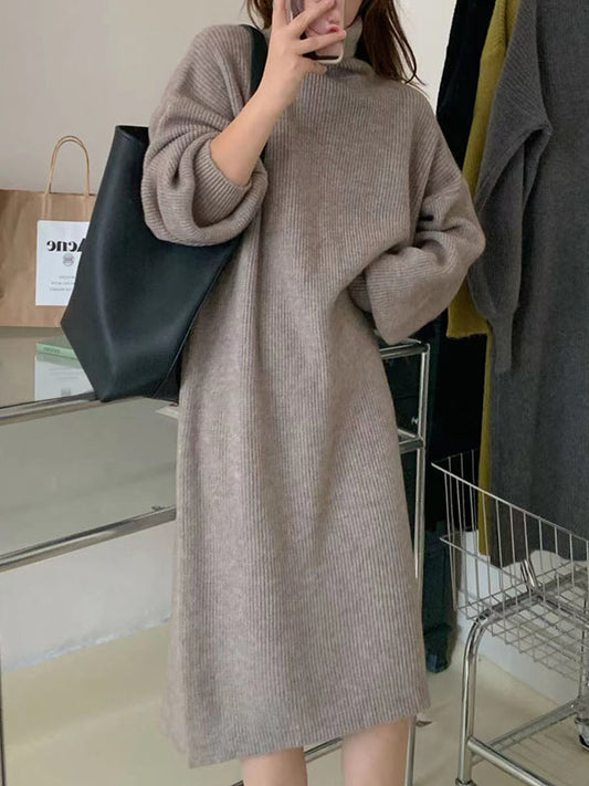 Long Sleeves Loose Solid Color High Neck Midi Dresses Sweater Dresses