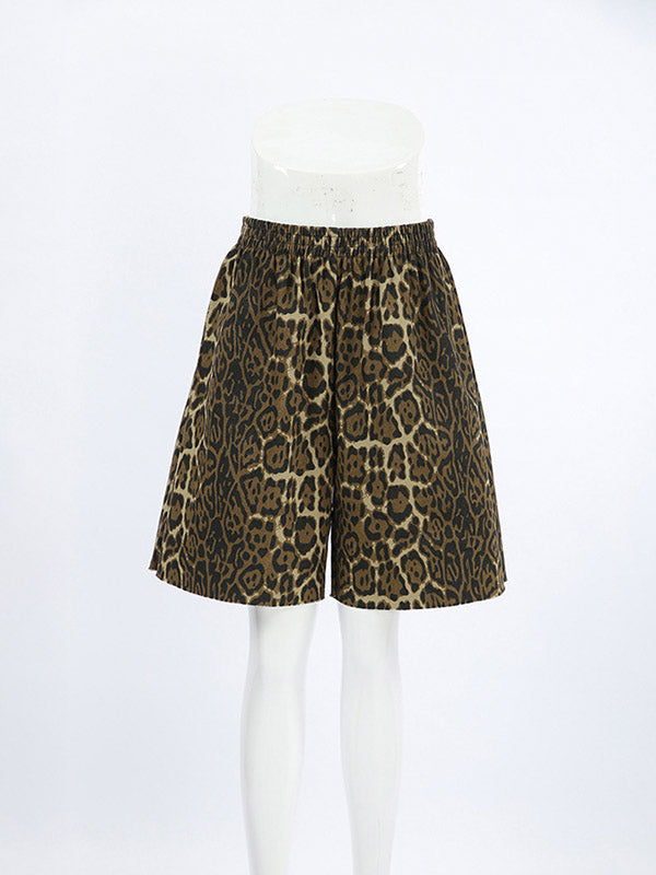 High Waisted Loose Elasticity Leopard Split-Joint Shorts