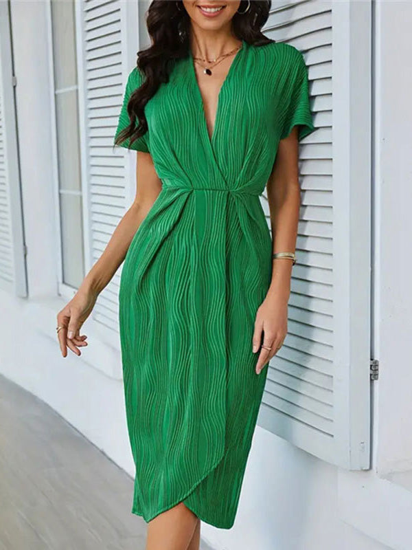 Loose Raglan Sleeve Pleated Solid Color Split-Joint V-Neck Midi Dresses