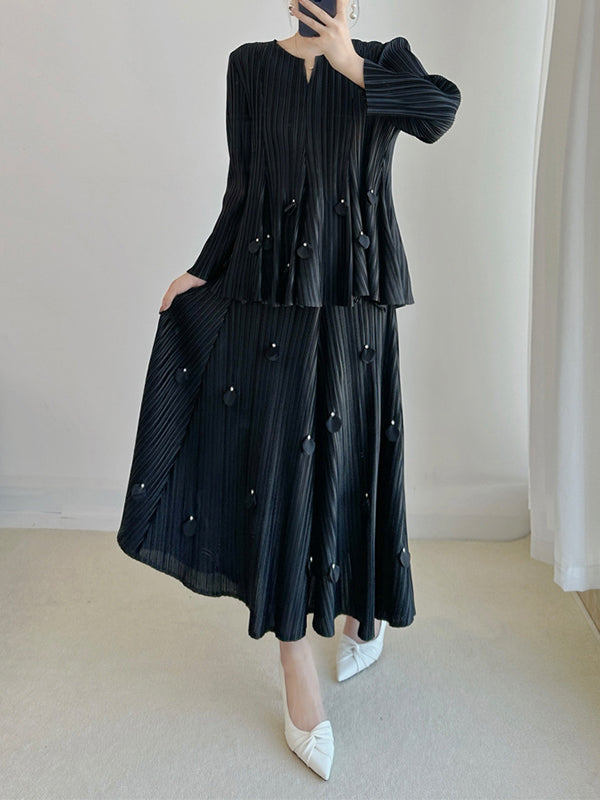 Long Sleeves Loose Pleated Solid Color Three-Dimensional Flower V-Neck T-Shirt Top + Skirt Bottom Two Pieces Set