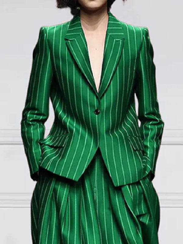 Long Sleeves Loose Striped Notched Collar Blazer Outerwear