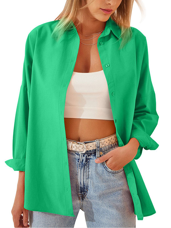 Long Sleeves Loose Buttoned Solid Color Lapel Blouses&Shirts Tops