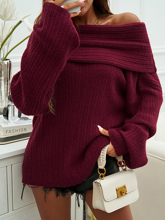 Flared Sleeves Long Sleeves Solid Color Off-The-Shoulder Sweater Tops