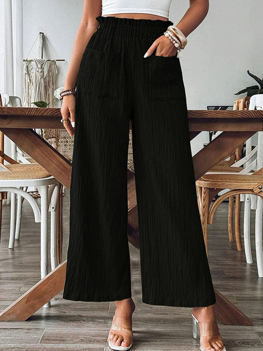Loose Wide Leg Elasticity Pleated Pockets Solid Color Split-Joint Pants Trousers