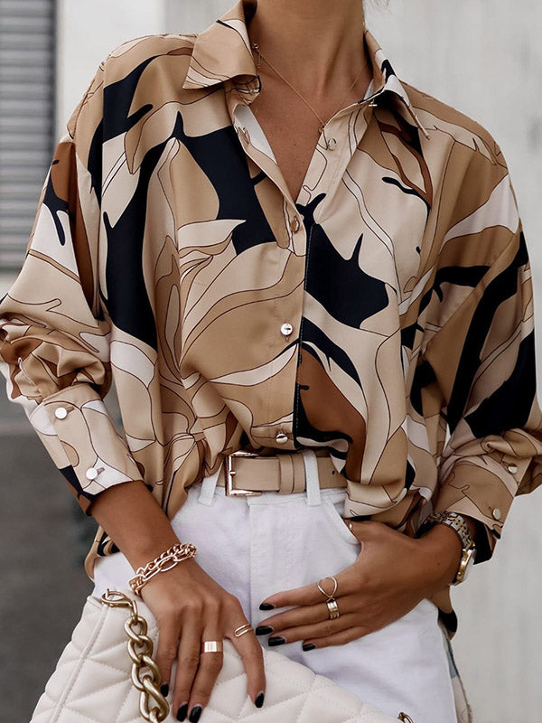 Long Sleeves Loose Buttoned Printed Lapel Blouses&Shirts Tops
