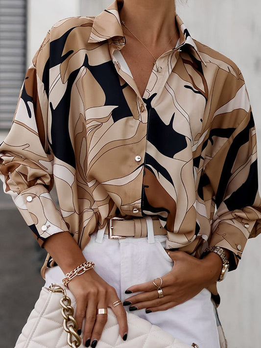 Long Sleeves Loose Buttoned Printed Lapel Blouses&Shirts Tops