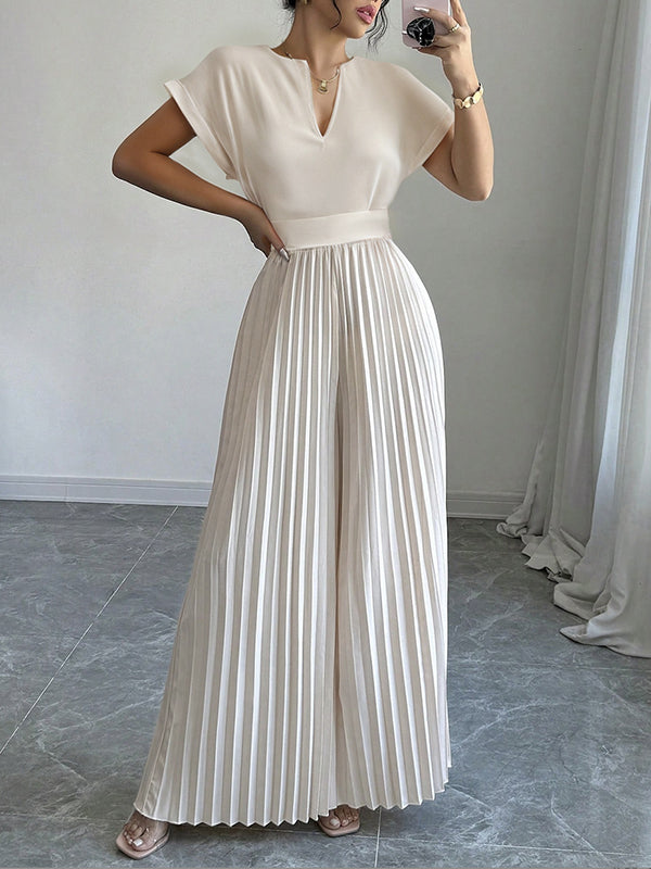 Loose Short Sleeves Pleated Solid Color Split-Joint V-Neck Jumpsuits