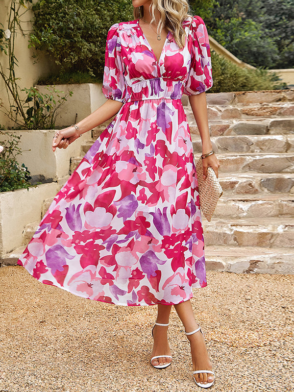 A-Line High Waisted Elasticity Flower Print Split-Joint V-Neck Midi Dresses