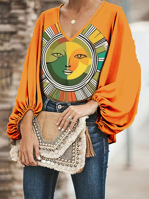 Long Sleeves Loose Elasticity Figure V-neck T-Shirts Tops