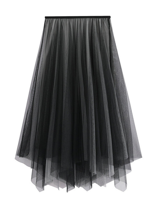Original Simple Casual Irregular Solid Color Pleated Mesh Skirt