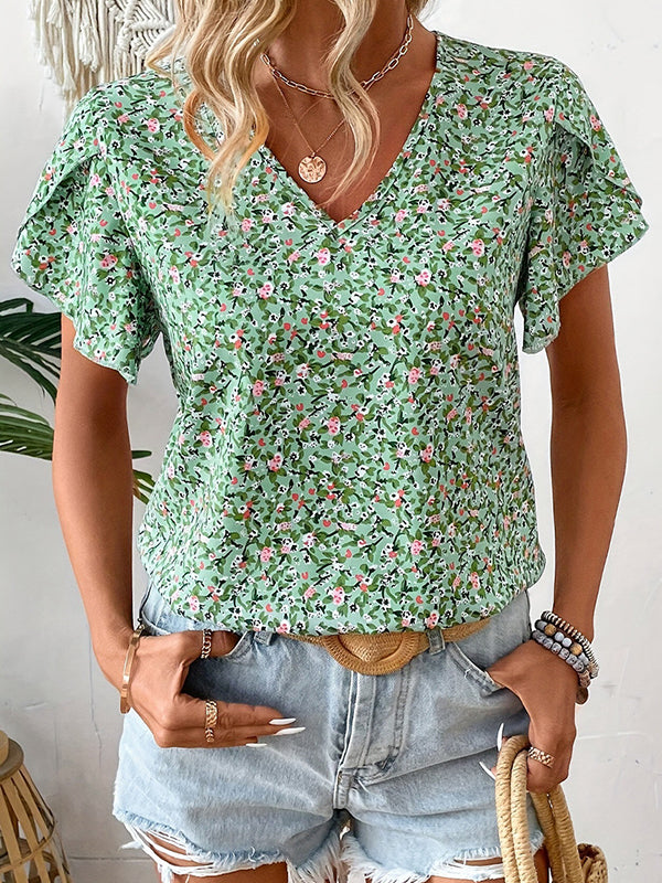 Loose Puff Sleeves Flower Print V-Neck Blouses&Shirts Tops