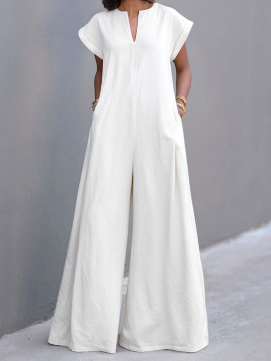 High Waisted Loose Pleated Pockets Solid Color V-Neck Jumpsuits
