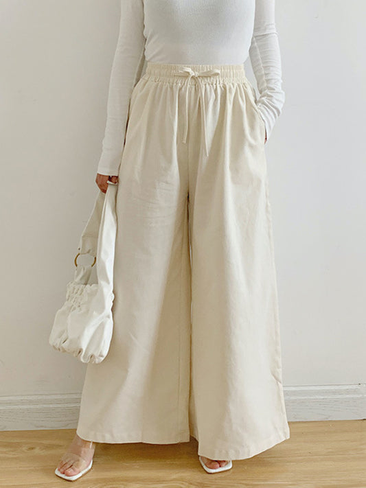 High Waisted Loose Drawstring Elasticity Pockets Solid Color Pants Trousers