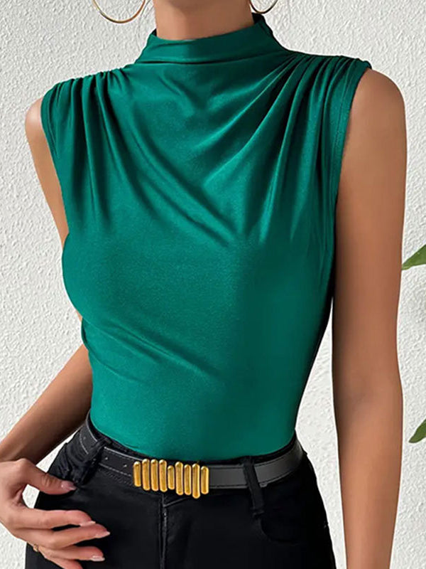 Skinny Sleeveless Pleated Solid Color Split-Joint High Neck Vest Top