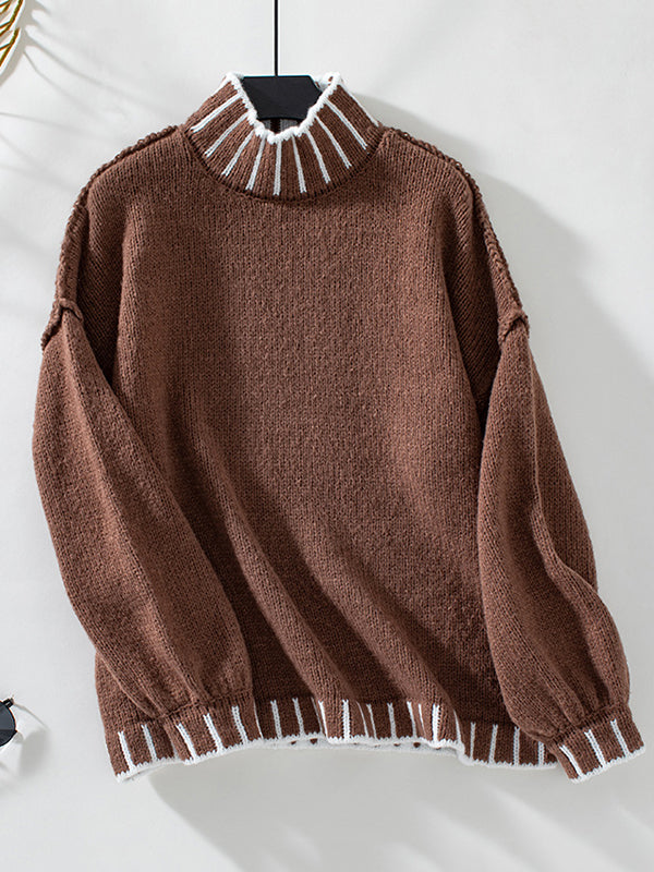 Long Sleeves Loose Contrast Color Split-Joint High Neck Pullovers Sweater Tops