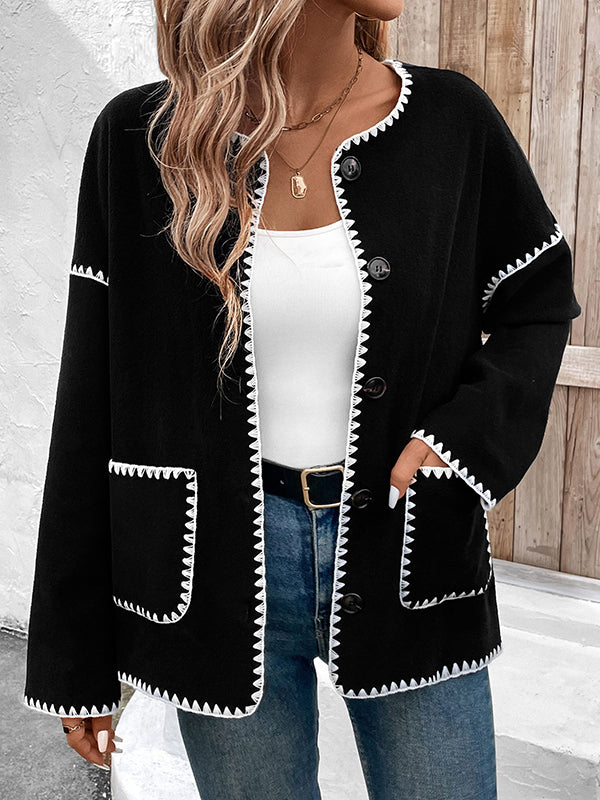 Long Sleeves Loose Buttoned Contrast Color Pockets Split-Joint Round-Neck Cardigan Tops