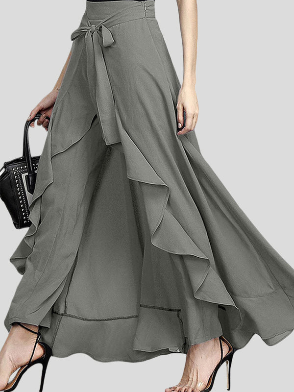 Loose Ruffle Trim Solid Color Split-Joint Tied Waist Zipper Culotte