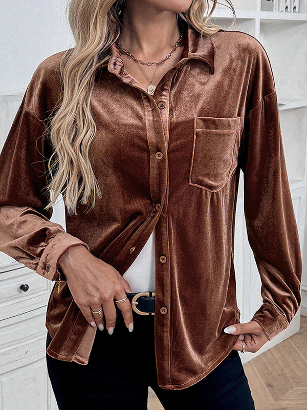 Long Sleeves Loose Buttoned Pockets Solid Color Split-Joint Velvet Lapel Blouses&Shirts Tops