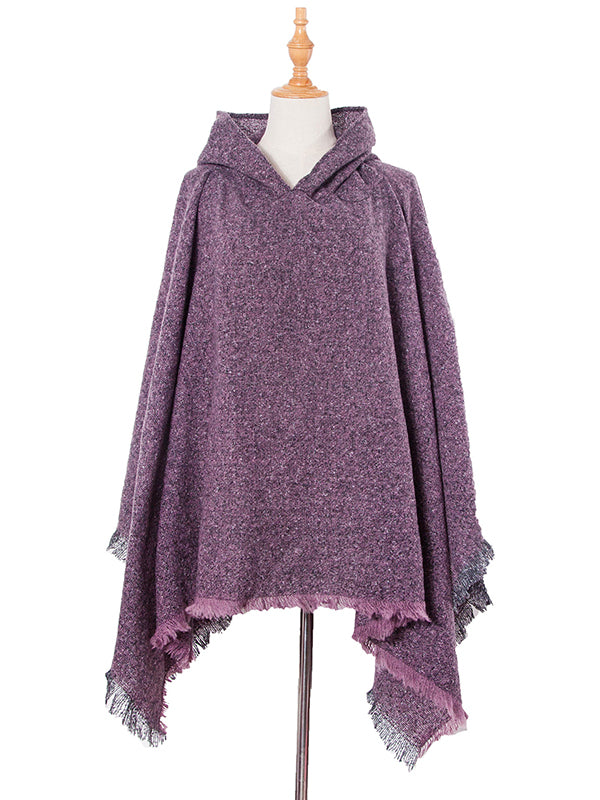 Fringed Hooded Keep Warm Solid Color Cape Shawl&Cloak