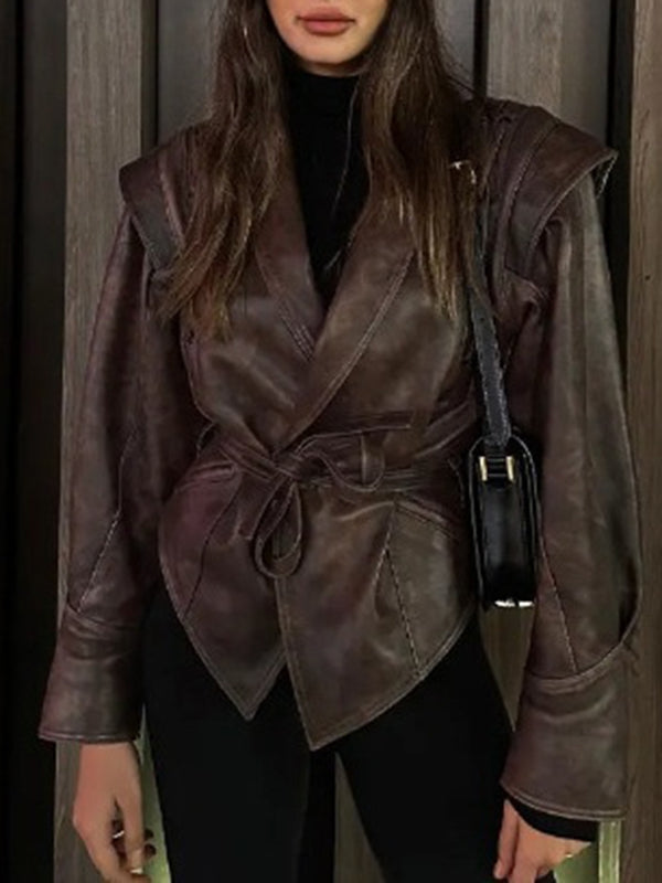 Long Sleeves Loose Split-Joint Tied Waist Lapel Jackets Outerwear