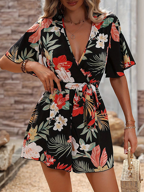 Flared Sleeves Half Sleeves Flower Print Tied Waist V-Neck Rompers