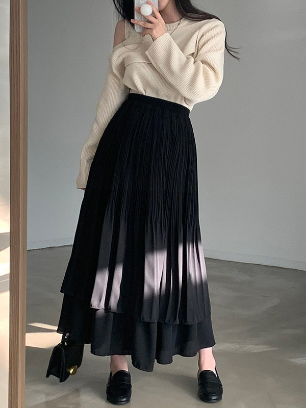 A-Line Loose Double Layered Pleated Solid Color Skirts Bottoms