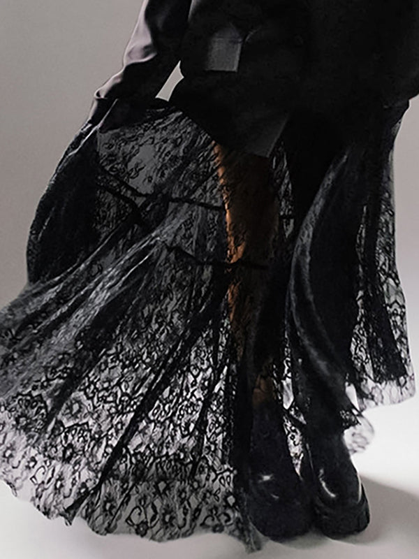 A-Line High Waisted Elasticity Hollow Jacquard Mesh See-Through Split-Joint Skirts Bottoms