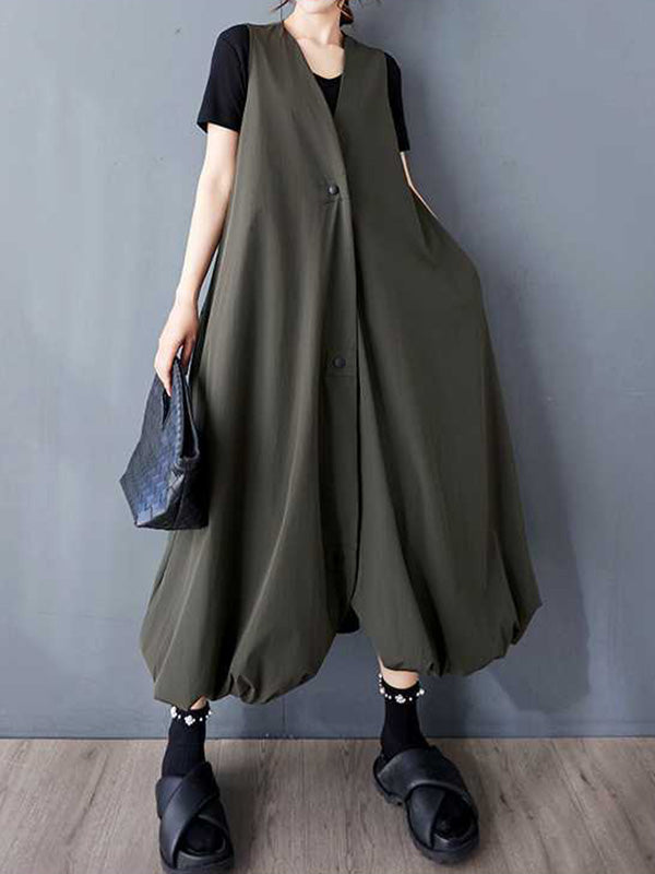 A-Line Loose Buttoned Pleated Pockets Solid Color V-Neck Midi Dresses Vest Outerwear