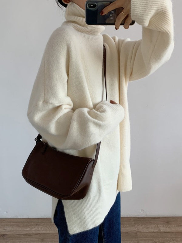 Long Sleeves Loose Solid Color Split-Joint Split-Side High Neck Sweater