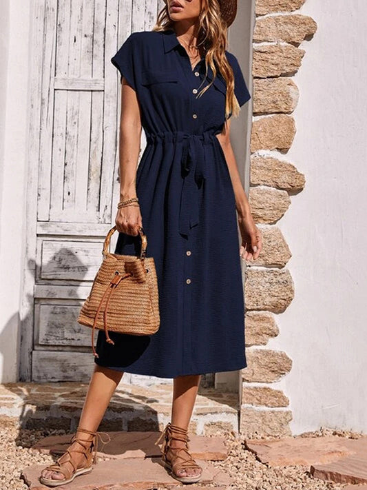 Raglan Sleeve Drawstring Pleated Split-Joint Lapel Midi Dresses Shirt Dress
