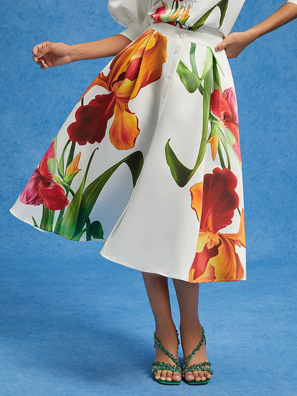 A-Line High Waisted Elasticity Floral Printed Pleated Split-Joint Skirts