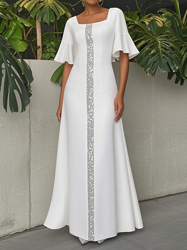 A-Line Flared Sleeves Shiny Solid Color Square-Neck Maxi Dresses