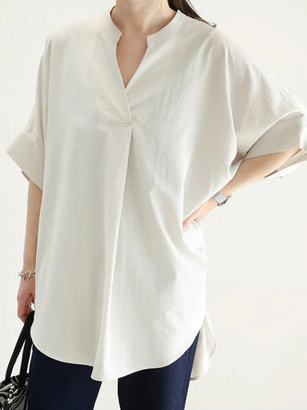 Half Sleeves High-Low Pleated Solid Color Split-Joint V-Neck Blouses&Shirts Tops