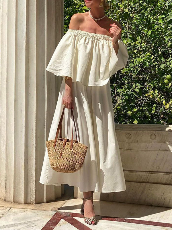 Half Sleeves Loose Elasticity Pleated Solid Color Split-Joint Off-The-Shoulder Maxi Dresses