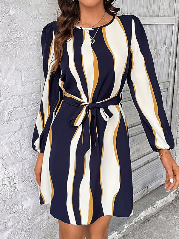 A-Line Long Sleeves Contrast Color Elasticity Tied Waist Round-Neck Mini Dresses