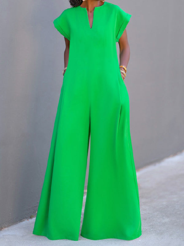 High Waisted Loose Pleated Pockets Solid Color V-Neck Jumpsuits