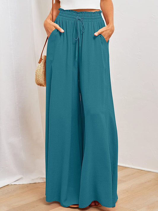 High Waisted Loose Drawstring Elasticity Pleated Pockets Solid Color Pants Trousers